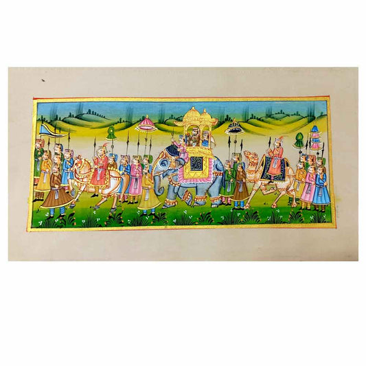 Front view of famous Indian silk miniature painting with 25 human figures and Ambabari elephant