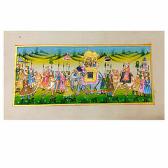Front view of famous Indian silk miniature painting with 25 human figures and Ambabari elephant