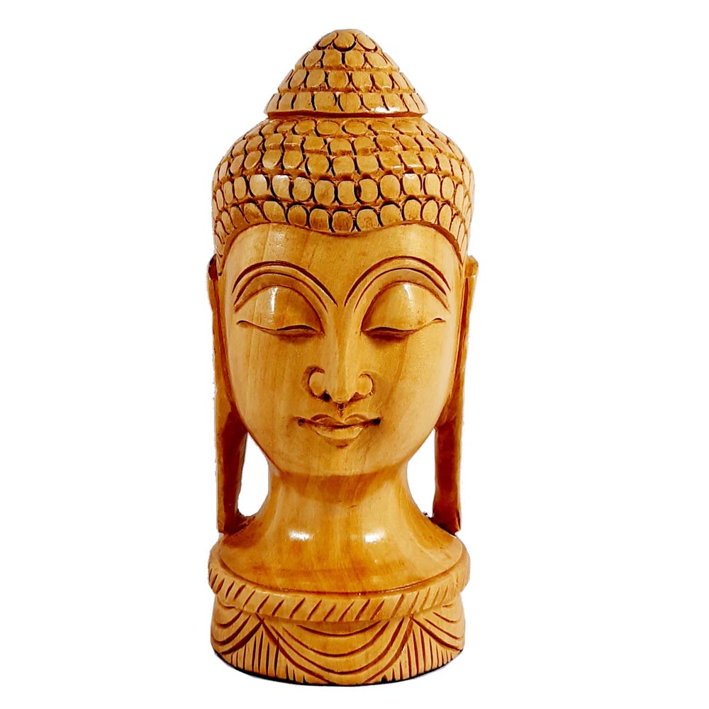 A handmade wooden Buddha head, a perfect decorative piece for your home or office.