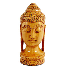 A handmade wooden Buddha head, a perfect decorative piece for your home or office.
