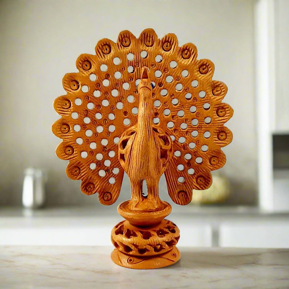 A handmade wooden peacock statue in a dancing style with beautiful lattice decoration.