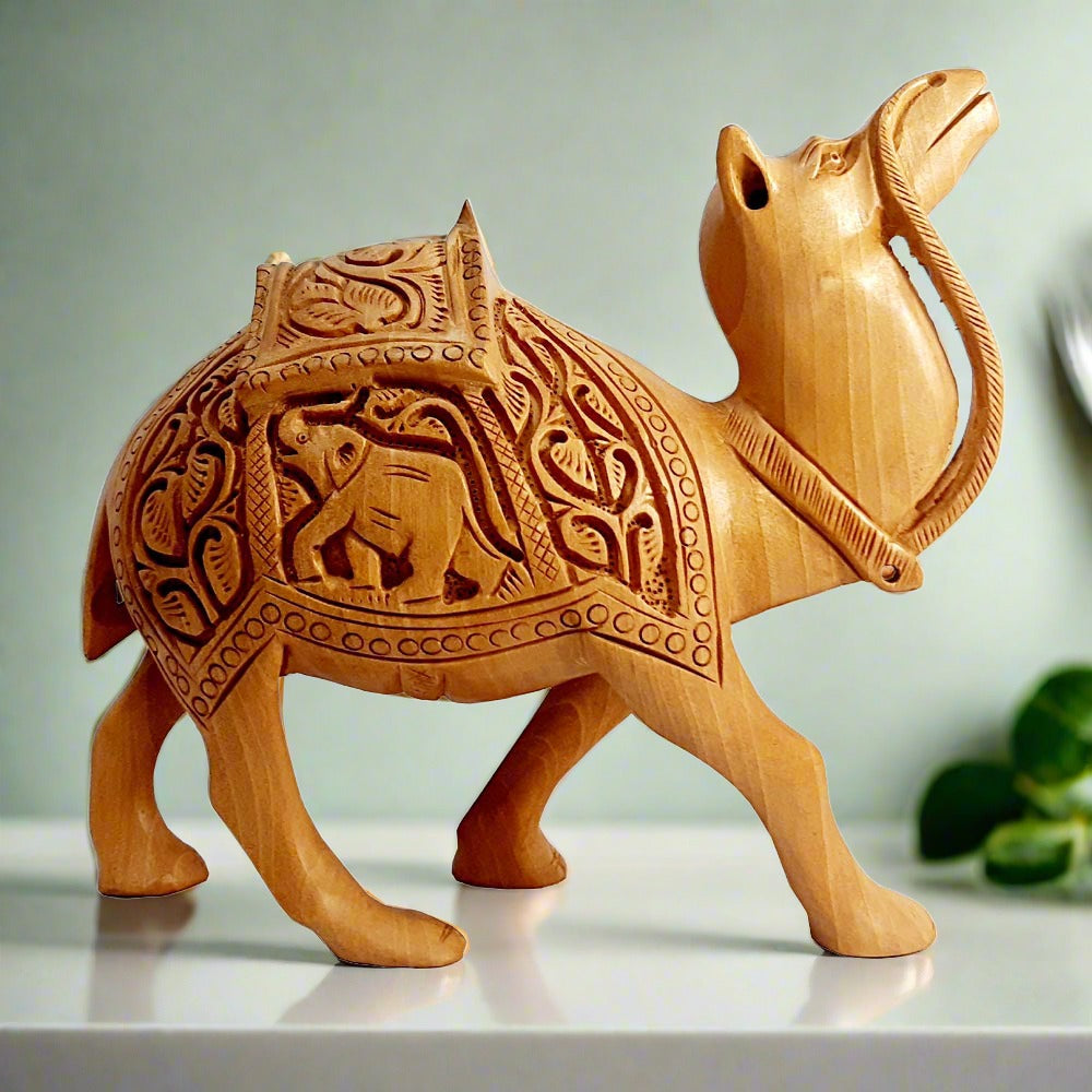 A handmade wooden figurine of a high neck camel with a unique design.