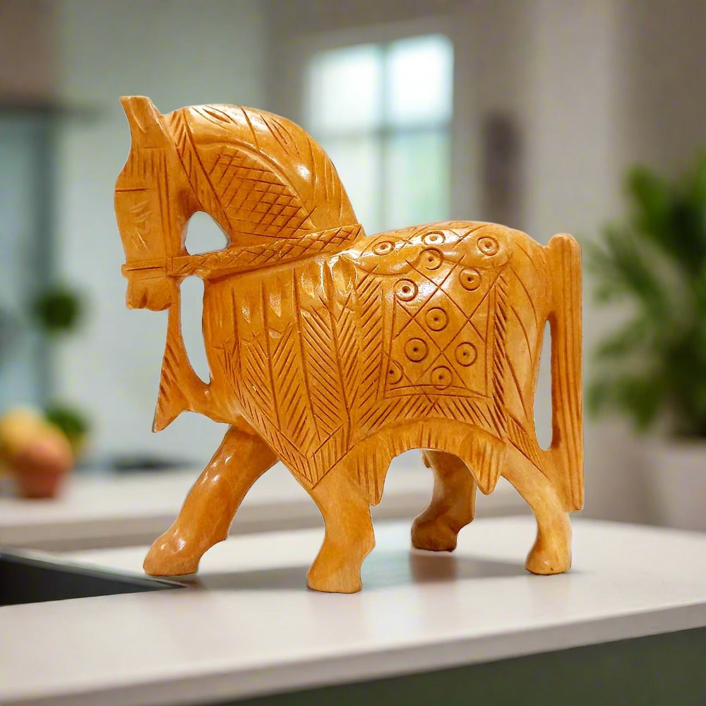 Handmade wooden horse idol with fine craftsmanship and rope around the neck