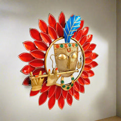 Hand-painted metal wall art of Kishan ji with red colored double leaf design, perfect for home or temple decoration.