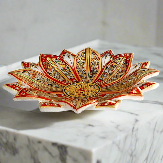 Hand-painted marble urli in lotus shape, perfect for temple decoration and placing worship flowers.