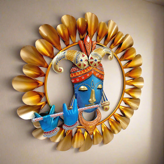 Hand-painted metal Krishna wall art with intricate design, perfect for adding charm to home walls.