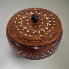 Side profile of 8cm high round wooden spice box featuring beautiful inlay craftsmanship