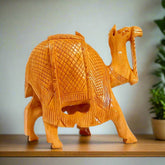 Excellent back carving detail on kathidar wooden statue featuring detailed camel figurine design