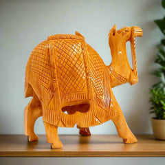 Excellent back carving detail on kathidar wooden statue featuring detailed camel figurine design