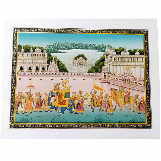 Front view King Maharaja procession silk miniature painting rural Rajasthan artistry