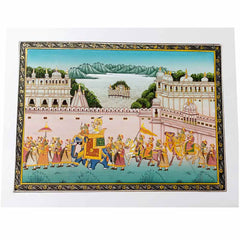 Front view King Maharaja procession silk miniature painting rural Rajasthan artistry