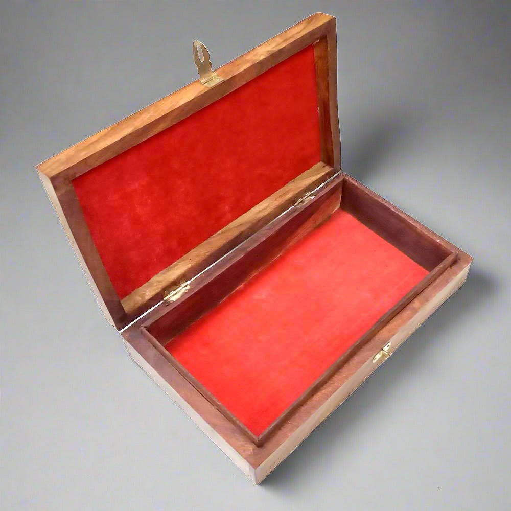Spacious wooden jewelry box with upper floral carvings – brass work, natural finish for elegant vanity storage.