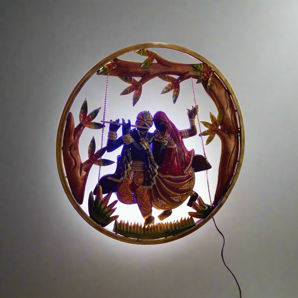 LED illuminated metal Radha Krishna wall art featuring detailed hand painting, perfect for home or office decor.