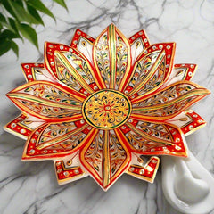 Lotus design marble urli decorated with hand painting, suitable for home and office pooja room decor.