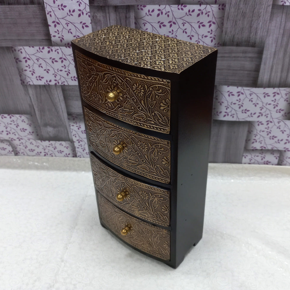 Luxurious antique wooden box with four drawers, enhanced by beautiful metal floral work, adds elegance to any home.