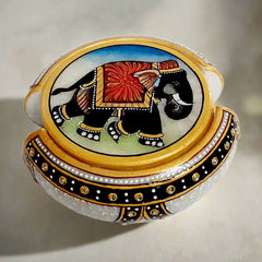 Marble coaster set made with exquisite hand art showing elephants and kundan-studded decorative holder