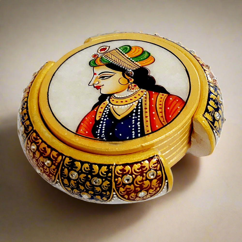 Set of six round marble coasters decorated with detailed hand-painted lady designs