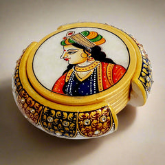 Set of six round marble coasters decorated with detailed hand-painted lady designs