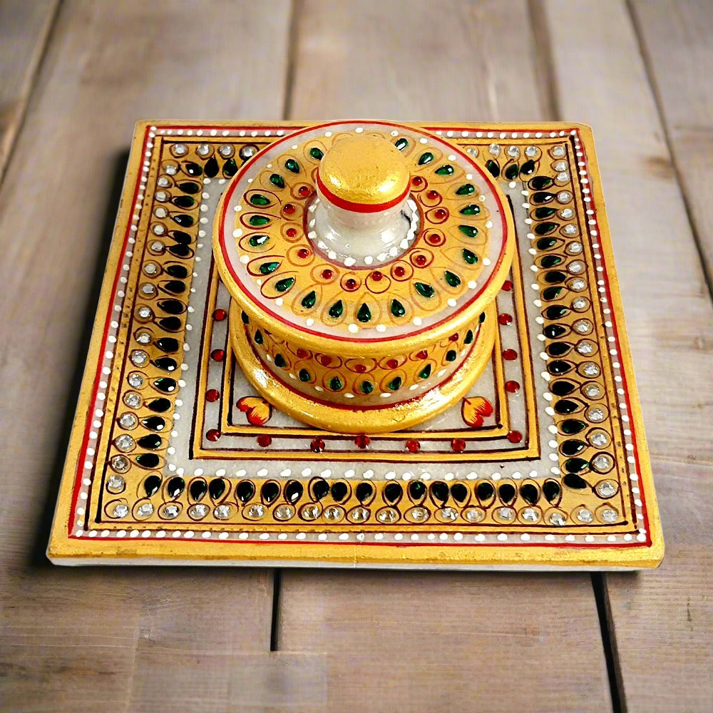 Unique pure marble container with tray, decorated with hand painting and kundan work, perfect for wedding gifting.