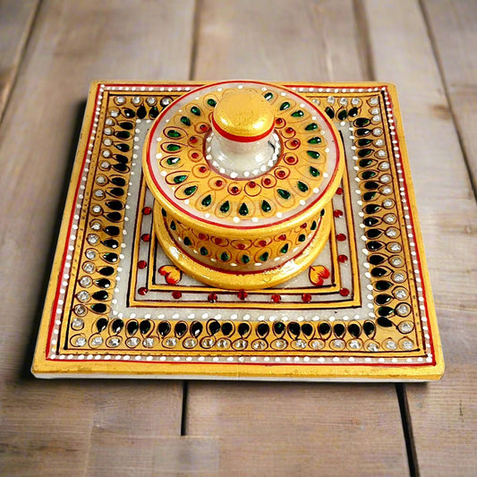 Unique pure marble container with tray, decorated with hand painting and kundan work, perfect for wedding gifting.