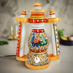 Electric table lamp in lantern shape made of pure marble with peacock and floral emboss painting