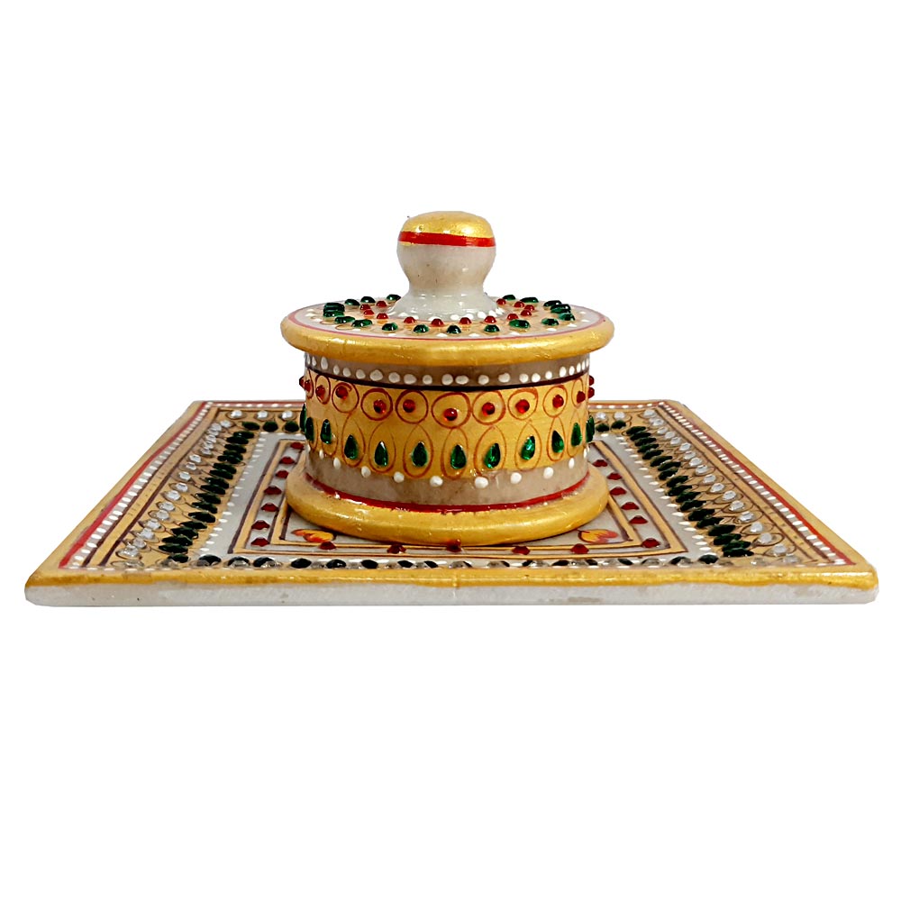 Marble gifting tray with matching container, decorated with traditional hand painting and kundan stones.