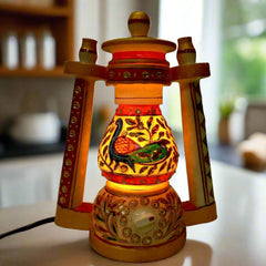 Pure marble electric lantern lamp decorated with peacock and floral embossed artwork