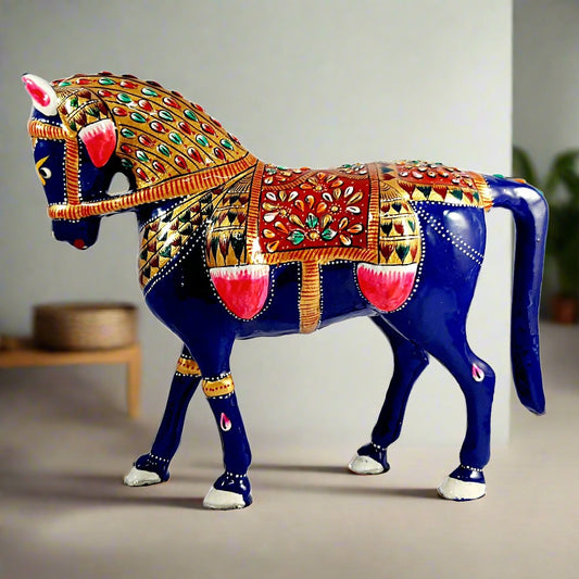 A beautiful meena work horse statue made from high-quality white metal with stunning emboss painting.