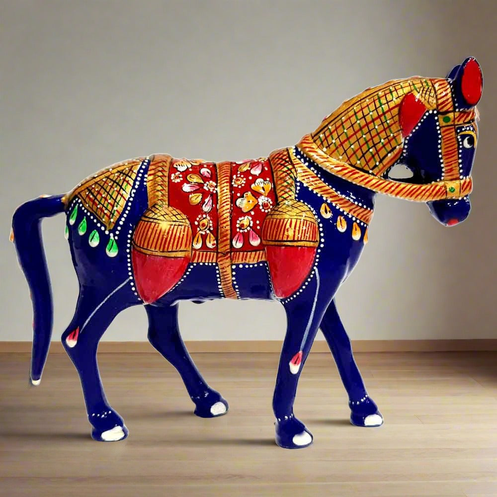 A very beautiful meenakari horse idol made of metal with handmade enamel painting.