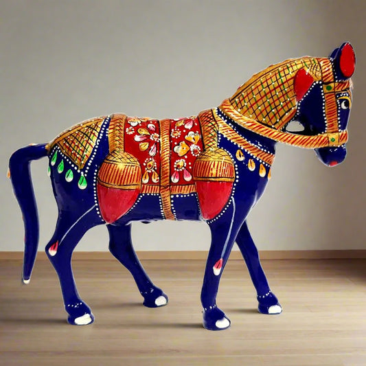 A very beautiful meenakari horse idol made of metal with handmade enamel painting.