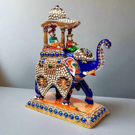 High-quality metal Ambabari elephant figurine adorned with meenakari hand painting and stone decorations.