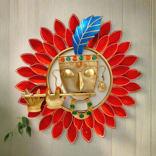 Metal wall decor frame featuring hand-painted Kishan ji’s face on red double leaves, attractive and spiritual.