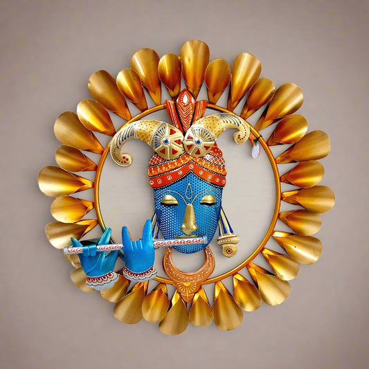 Metal wall decoration frame featuring beautifully hand-painted Krishna design, captivating and spiritual.