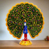 Metal meenakari dancing peacock idol with hand-painted feathers, decorative and ideal for home decor and gifting