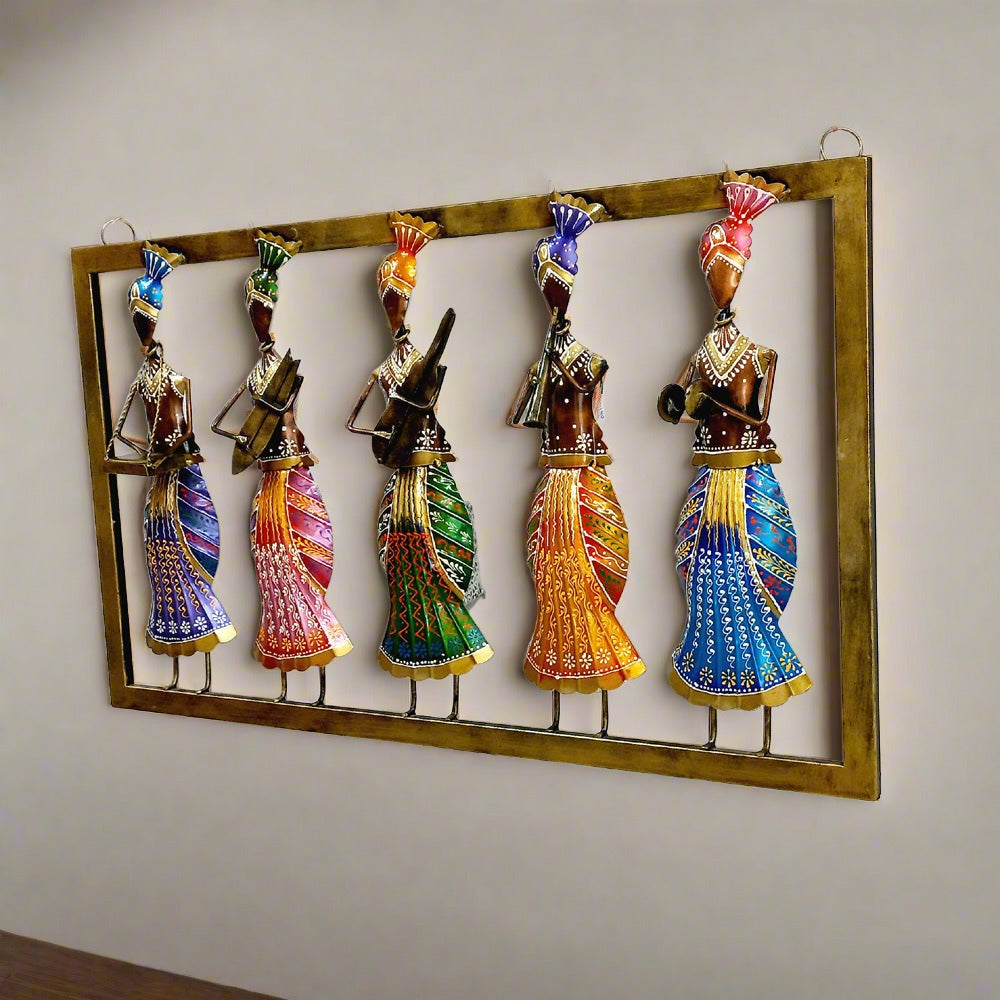 Handcrafted metal wall hanging set depicting Rajasthani musicians with various instruments in vibrant traditional style.