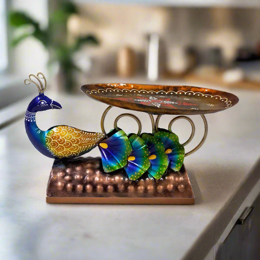 Metal peacock platter adorned with fine hand painting, perfect as a decorative showpiece for center or dining tables.