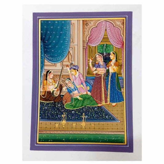 Front view handmade Mughal miniature silk painting showcasing kings luxurious lifestyle