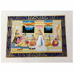 Front view royal Mughal couple miniature silk painting showing love life with music dancing