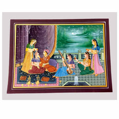 Handmade Mughal miniature painting on silk fabric 33x22cm depicting royal emperor story by Rajasthan rural artisans