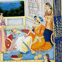 Intricate multicolor and golden watercolor elements in rural Rajasthan Mughal silk miniature