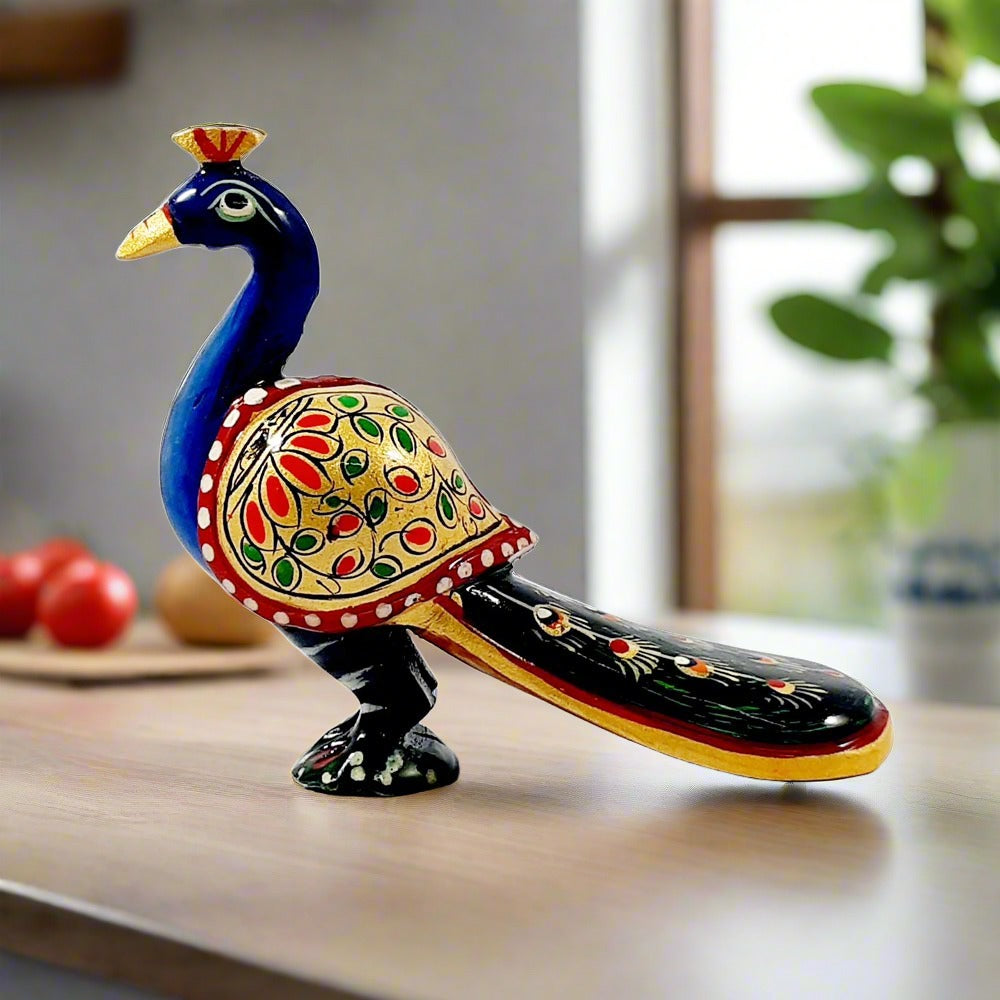 A multicolor wooden peacock showpiece with a lacquer polish for a long-lasting shine.