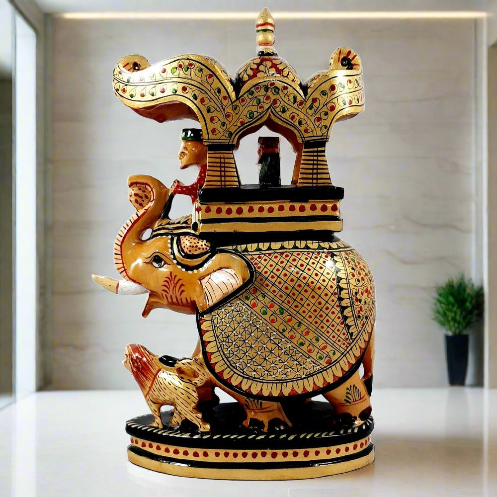 Beautifully painted Ambabari elephant wooden statue, handcrafted with intricate designs for regal decor.