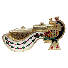 A wooden dry fruit server with a vibrant peacock design and two separate containers.