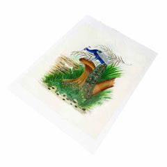 Side profile 26x23cm peacock silk painting showcasing spectacular bird artistry