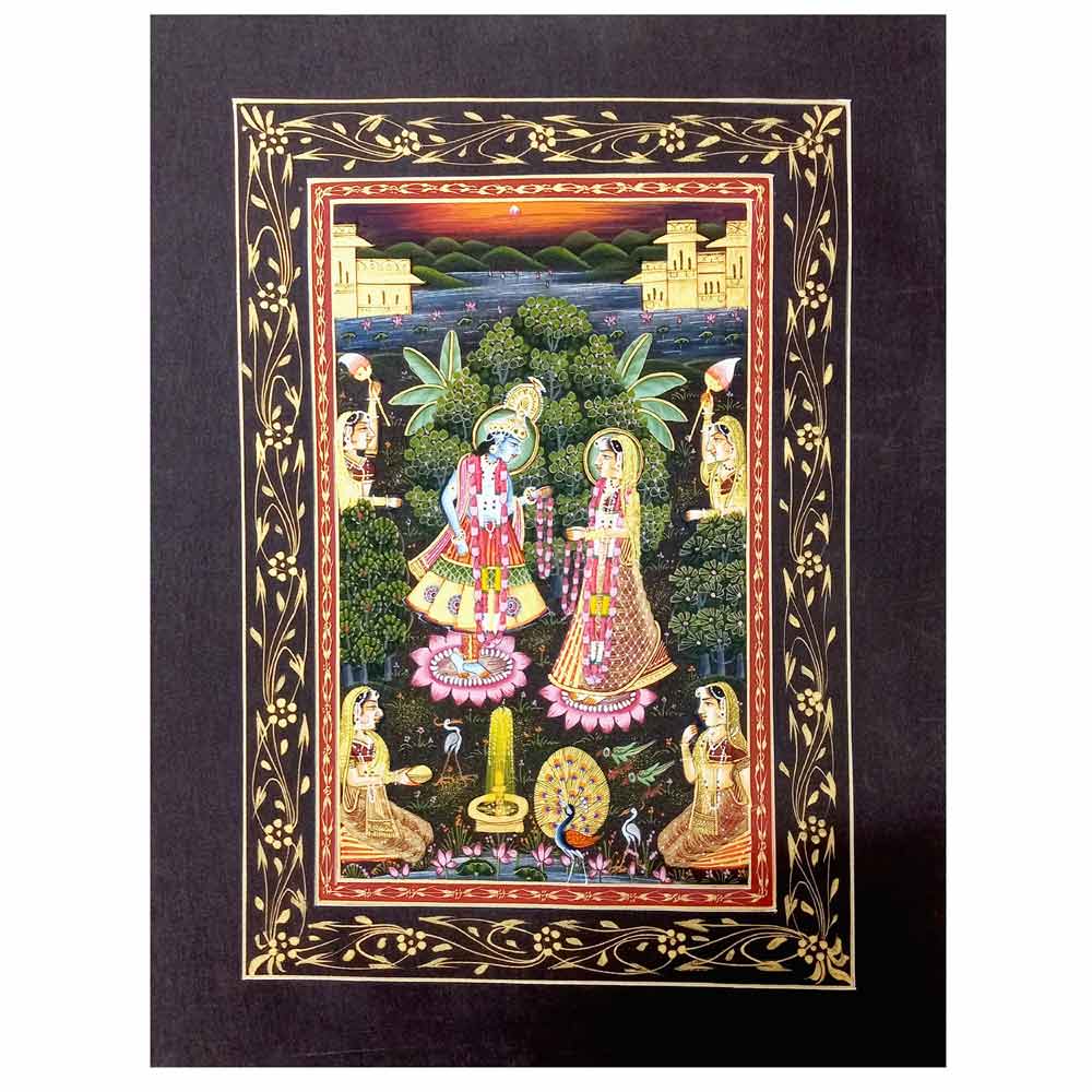 Front view Radha Krishna garland silk miniature painting with maidservant service details