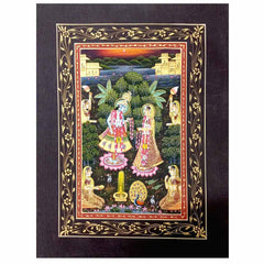 Front view Radha Krishna garland silk miniature painting with maidservant service details