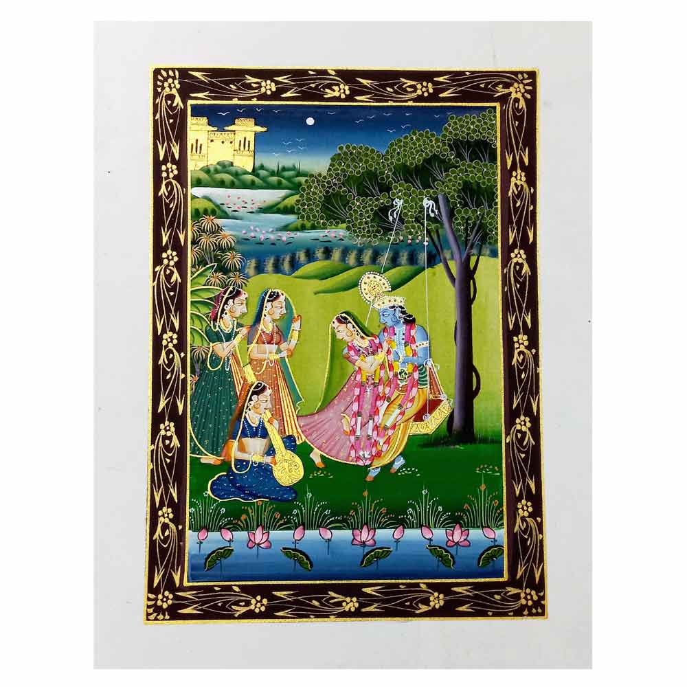 Front view handmade Radha Krishna love silk painting showcasing artisan hand art details