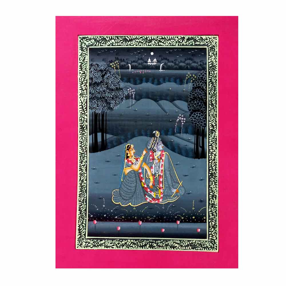Front view of Radha Krishna miniature silk painting under moonlight with squirrel hair brush details