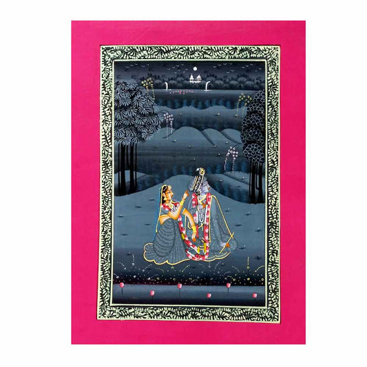Front view of Radha Krishna miniature silk painting under moonlight with squirrel hair brush details