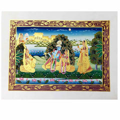 Front view of watercolor Radha Krishna silk painting showing undying love with Dasiya service